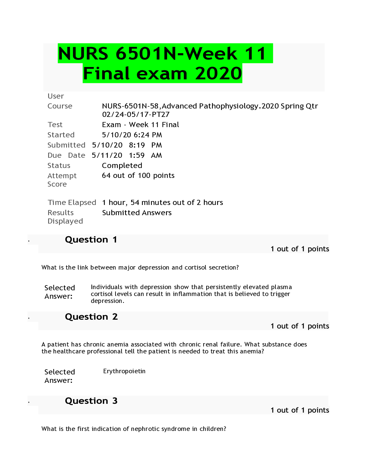 Preview image of NURS 6501N-Week 11 Final exam 2020 document